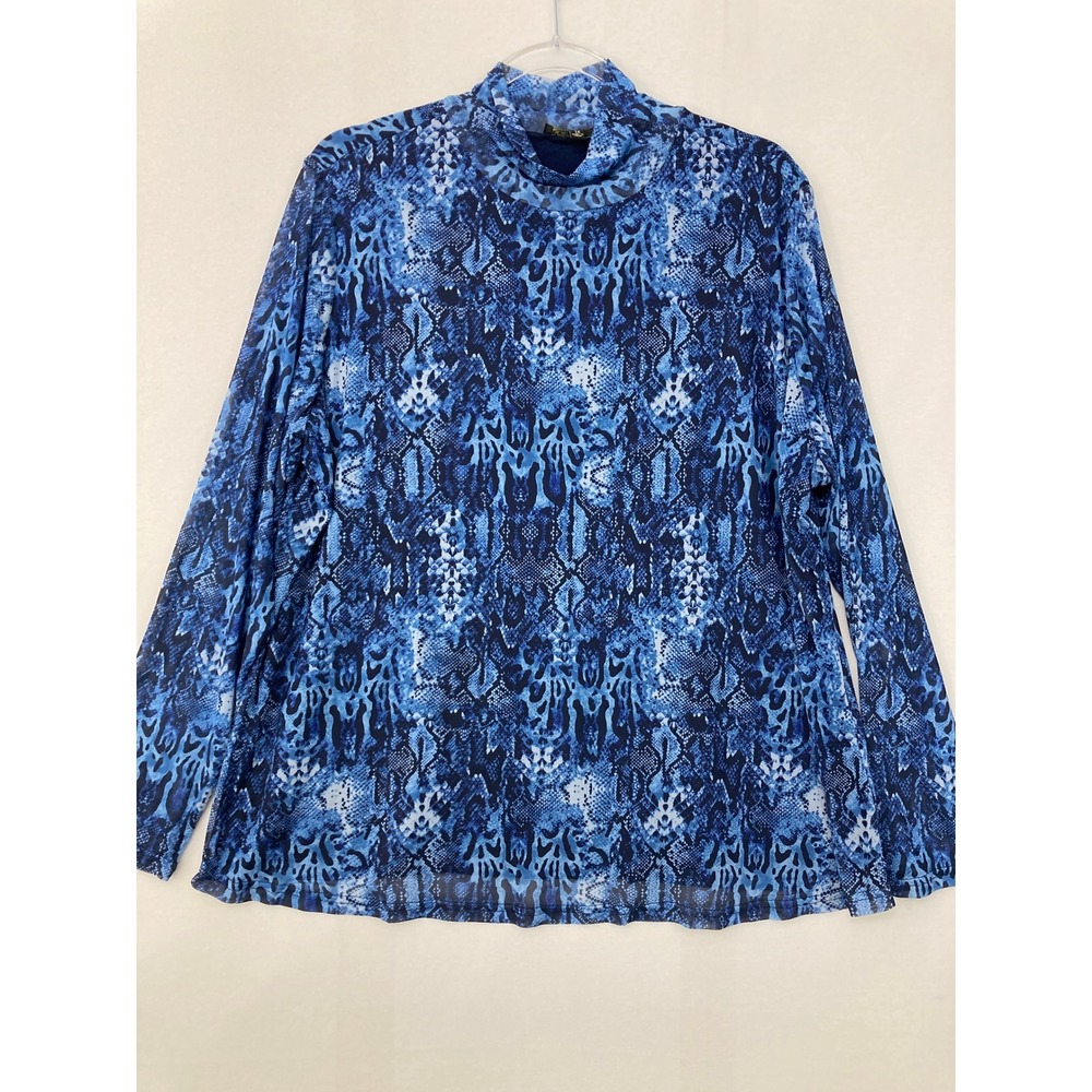 DG2 Diane Gilman Mock Neck Top 1X Blue Snakeskin Stretch Long Sleeve Comfy